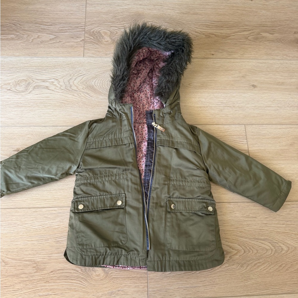 Zara Olive Green Kids Hooded Parka with Faux-Fur Trim - detachable lining